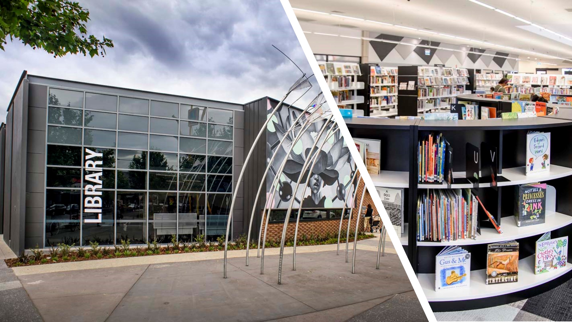 Collage of two pictures, left is the front of a library and right is the inside of a library