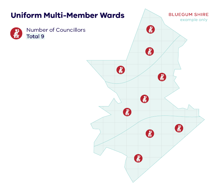 Single member ward example showing map of area with markers for total of 9 councillors